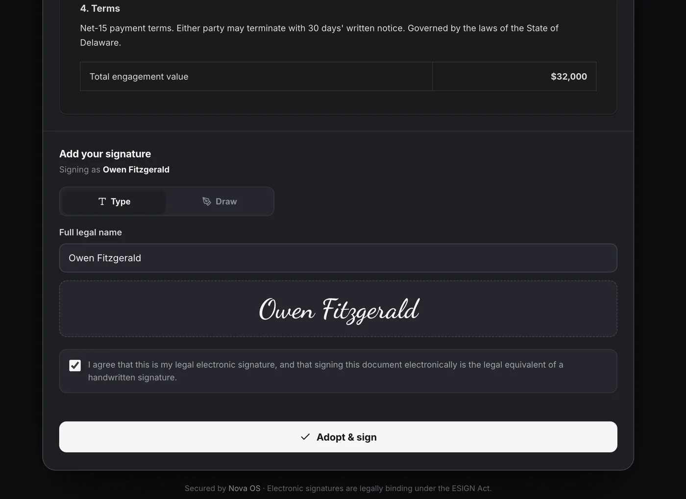 Nova OS agreement e-signing